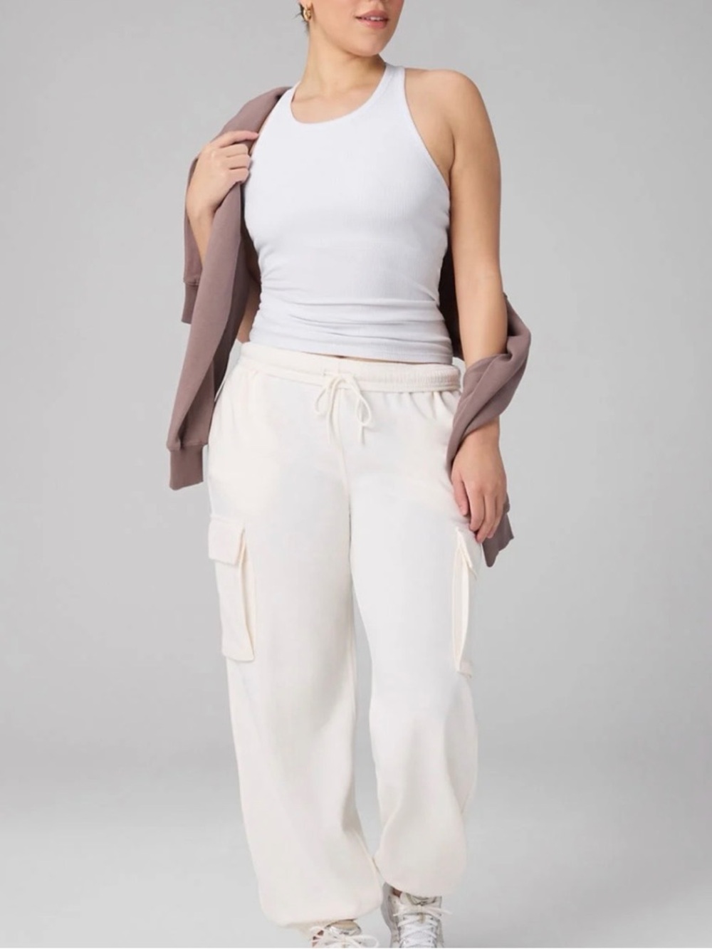 NWT Fabletics Cream Cargo Sweatpants + White Tank Set XS Lounge Travel Outfit